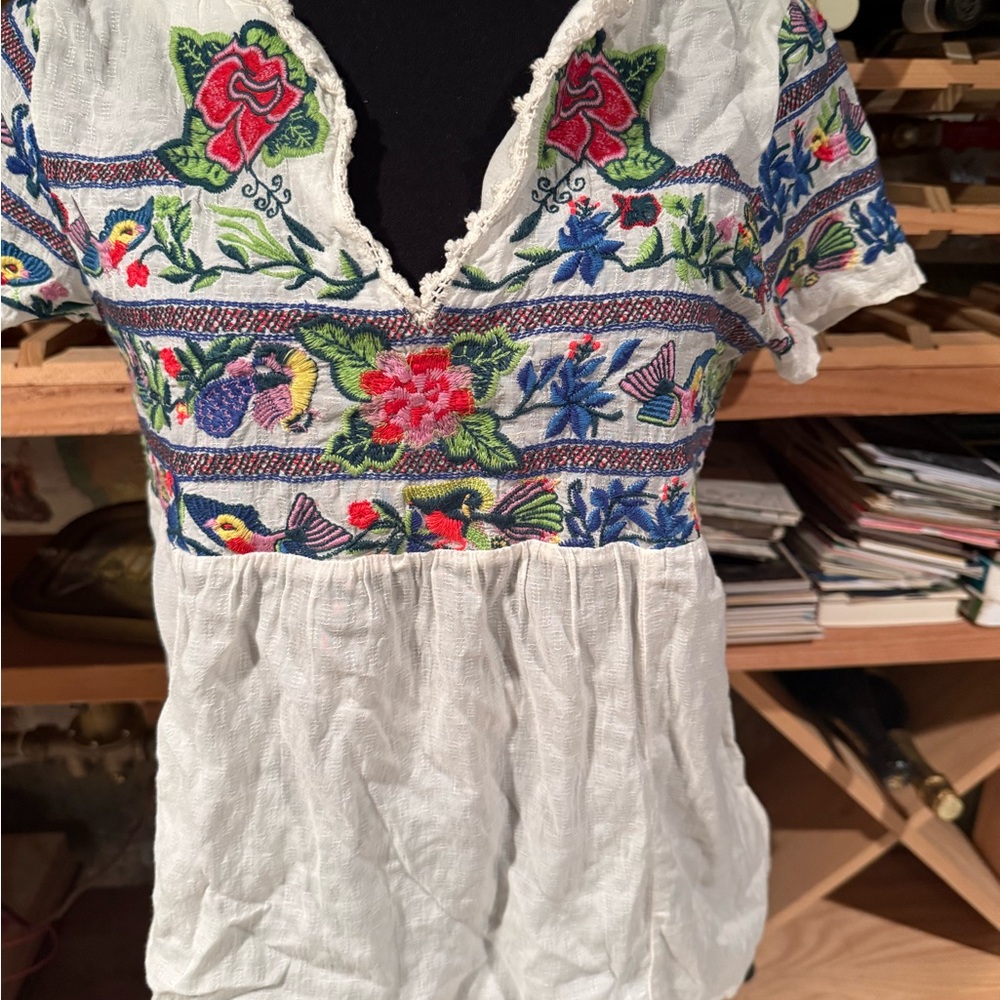 Anthropologie Embrodied White V-Neck Top with Multi-Color Floral Stitching - Picture 3 of 10